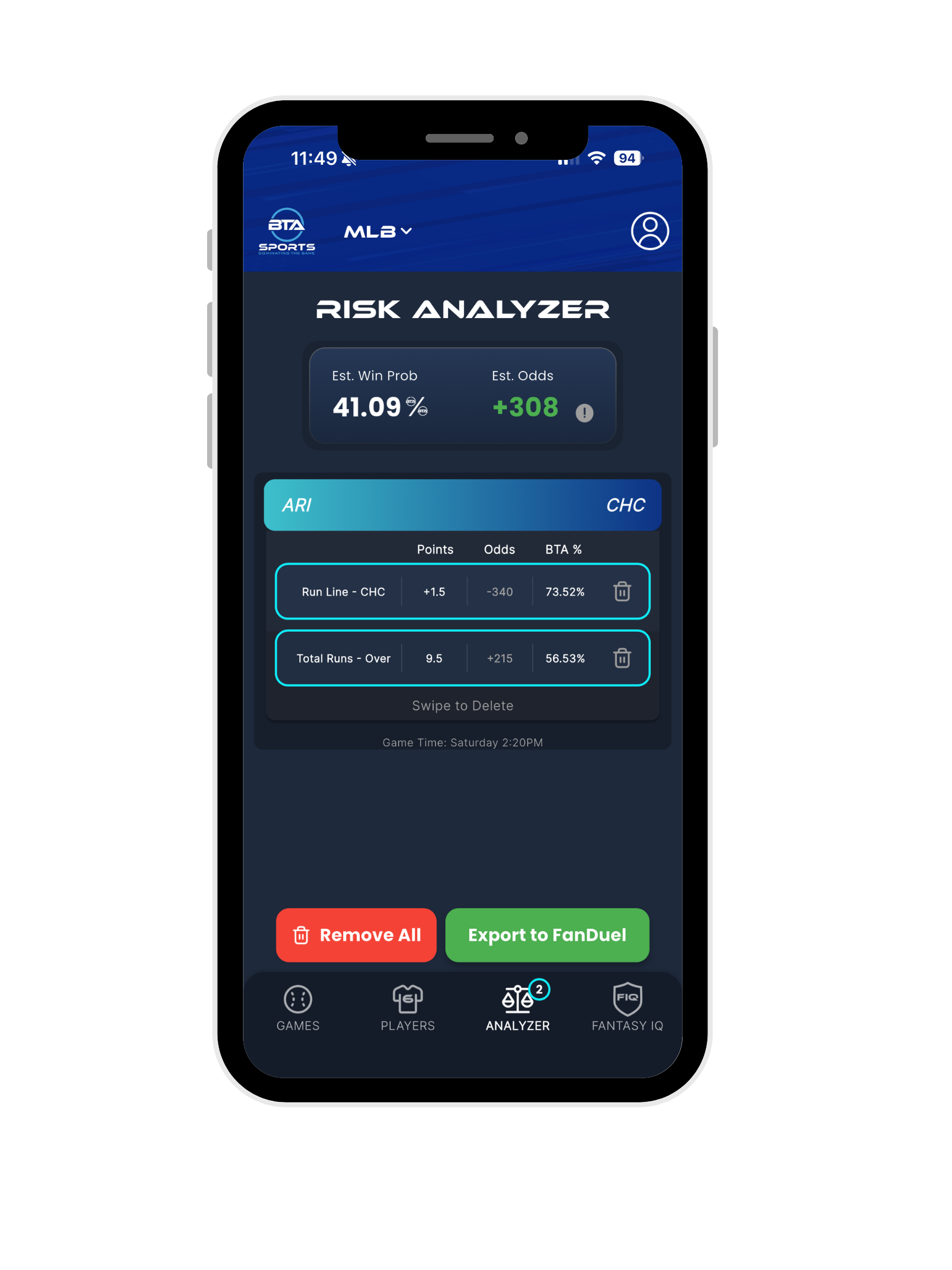 Risk Analyzer showing a bet card with estimated win probability and risk breakdown