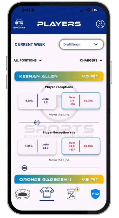 BTA - Player Analysis Sports betting app interface showing player stats.